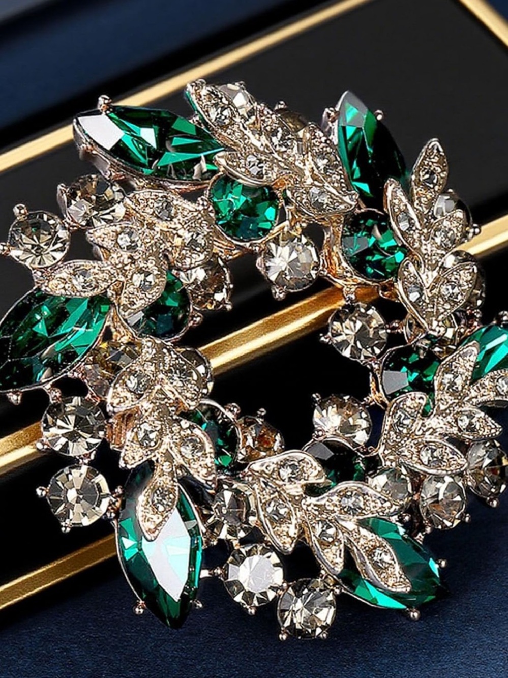Emerald Crystal Wreath Brooch - Green and Gold